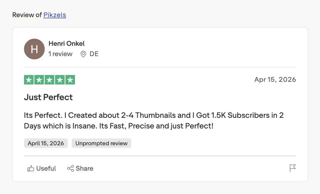 Pikzels review about gaining 1.5K subscribers in 2 days